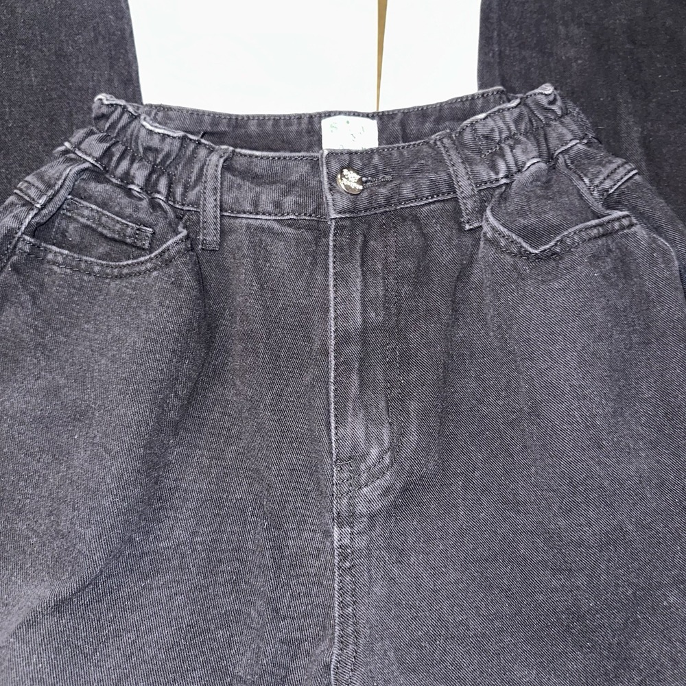 Shiny By Nature Wide Leg Black Denim Elastic Waist Pants Sz XS Curvy Fit